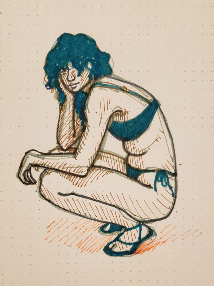 Ink drawing of a woman in a bikini crouching on the ground, turning to the side to look at the camera