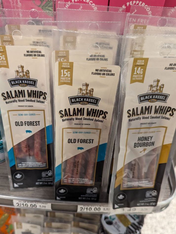 A picture of a food product called "Salami Whips" which are strips of salami