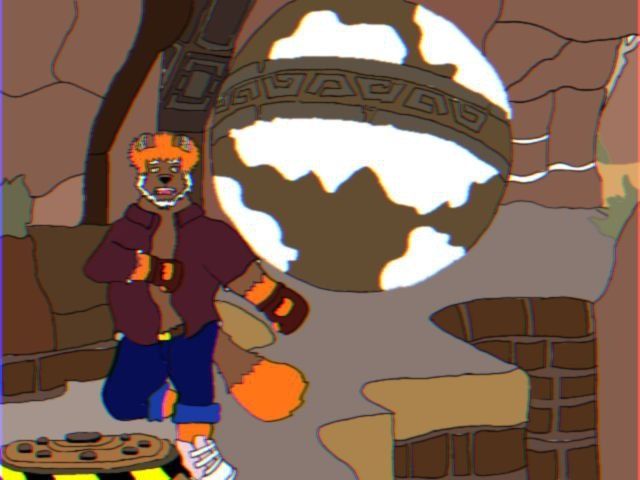 My fursona: Bryn wearing a mauve shirt , blue jeans and pink sneakers running from a boulder like the front running levels of a Crash Bandicoot game with mine in front of my character 