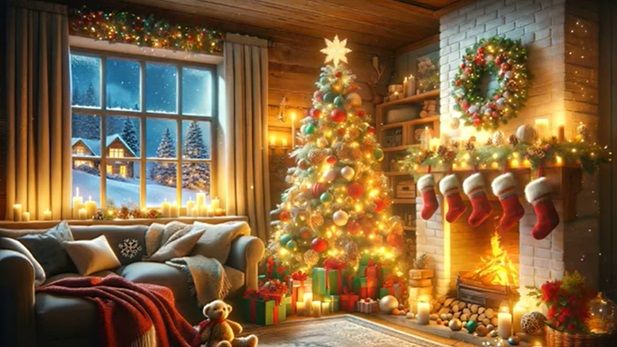 A warm cosy, festive living room, with a Christmas tree, roaring fire, stockings hanging on the mantlepiece, a wreath above the fireplace, and snow falling outside