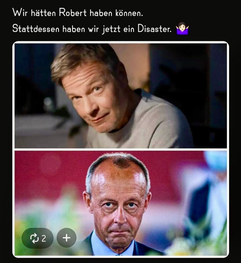 Das Bild zeigt einen zuversichtlichen Robert Habeck und einen grimmigen Mann namens Friedrich Merz