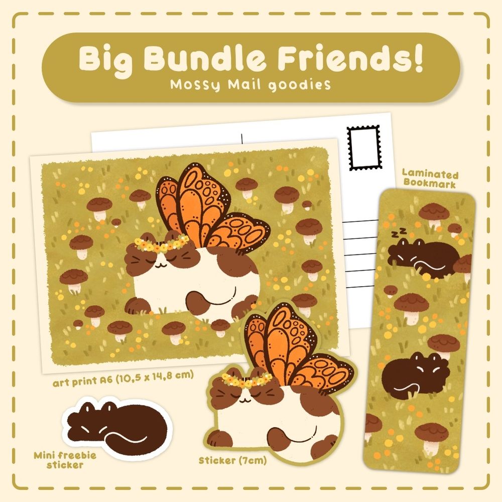 An overview of the new mossy mail featuring a print with a fairy cat, a bookmark with two black cats sleeping in a field and a sticker of a fairy cat