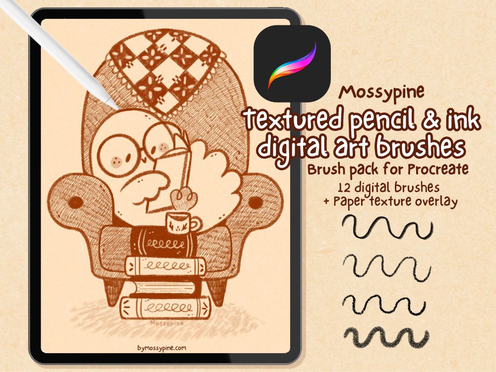 Mossypine textured pencil & ink digital art brushes. Brush pack for Procreate. 12 digital brushes + paper texture overlay