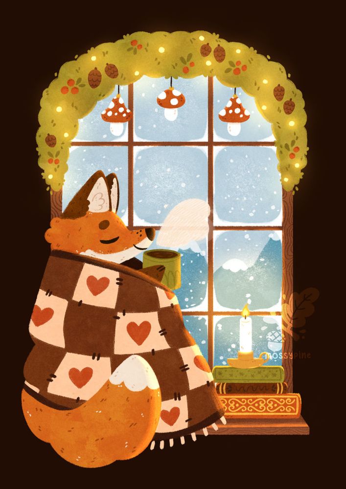 Digital illustration of a fox sitting in the windowsill with a quilted blanket wrapped around them. They are holding a cup of tea and outside the window you can see snow falling. Above the window is a wreath with decorations. Besides the fox there is a little pile of books with a candle on top