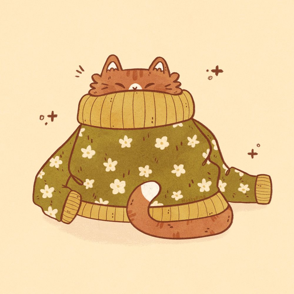 Digital illustration of an brownish cat with white spots comfortably sitting inside of a very big green sweater. The green sweater has little white flowers on it