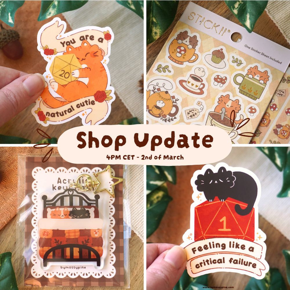 A raster with 4 different product photos displaying several stickers and key chains, all featuring black and orange cats. In the middle there is a text that says: Shop Update 4pm CET - 2nd of March