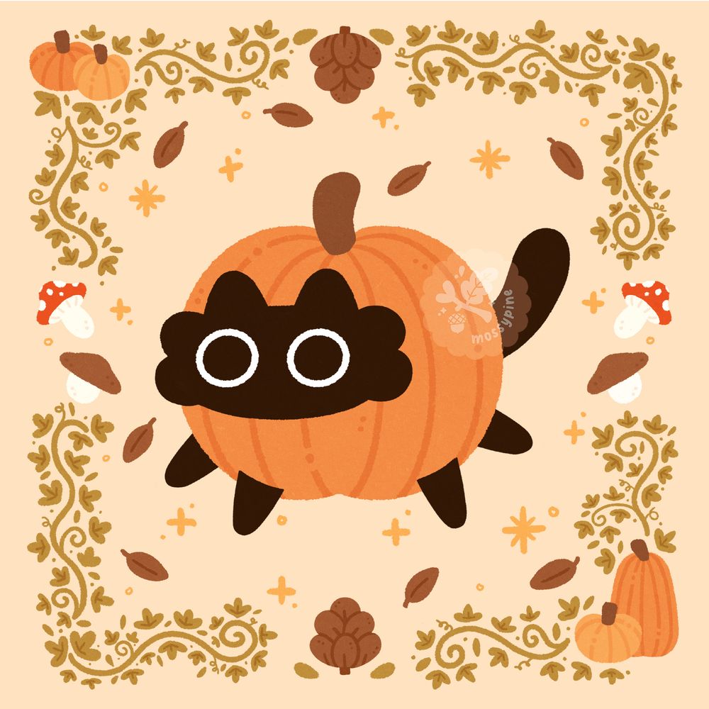 Digital illustration of a black cat in a big round pumpkin. The illustration has an fall themed border with plants, mushrooms and pumpkins