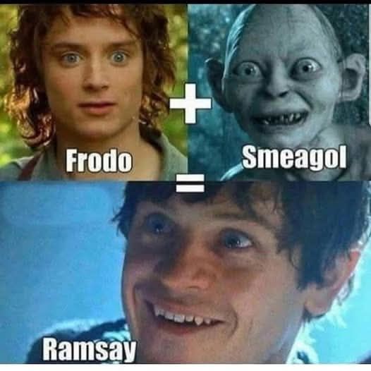 Frodo from lord of the rings plus smeagol, gollum from lord of the rings equals ramsay from game of thrones. This equation meme is more about the actors' faces if put together what they might generate: eyes that pop out, different sizes of teeth that are sharp and kind of not symmetrical