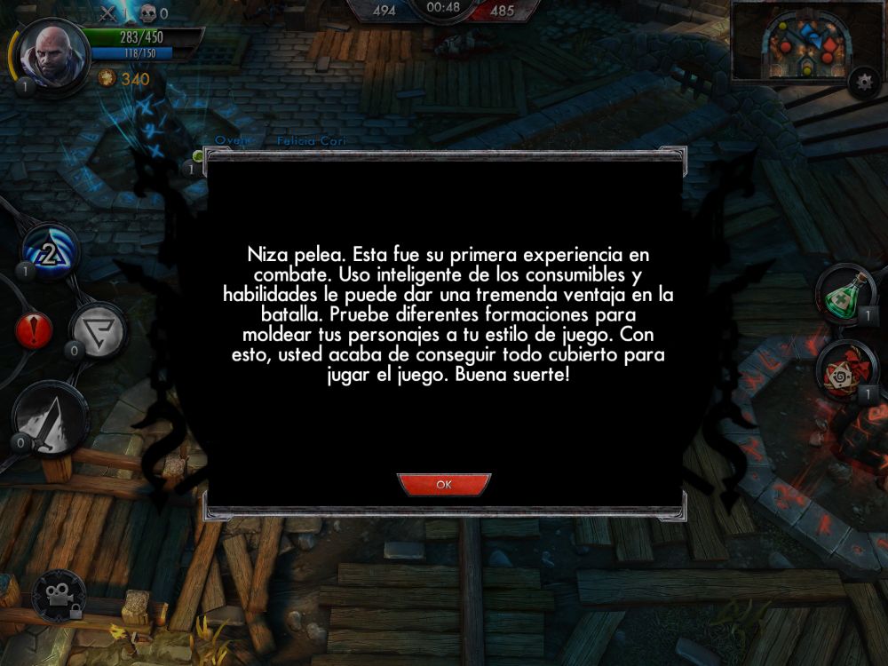 Pantallazo de The Witcher Battle Arena (2014). El tutorial muestra un texto que dice "Niza pelea. Esta fue su primera experiencia en combate. Uso inteligente de los consumibles y habilidades le puede dar una tremenda ventaja en la batalla. Pruebe diferentes formaciones para moldear tus personajes a tu estilo de juego. Con esto, usted acaba de conseguir todo cubierto para jugar al juego. Buena suerte!"
