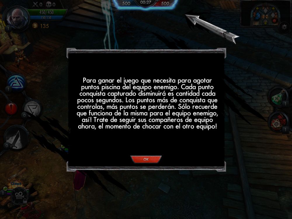 Pantallazo de The Witcher Battle Arena (2014). El tutorial muestra un texto que dice "Para ganar el juego que necesita para agotar puntos piscina del equipo enemigo. Cada punto conquista capturado disminuirá es cantidad cada pocos segundos. Los puntos más de conquista que controlas, más puntos se perderán. Sólo recuerde que funciona de la misma para el equipo enemigo, así! Trate de seguir sus compañeros de equipo ahora, el momento de chocar con el otro equipo!"