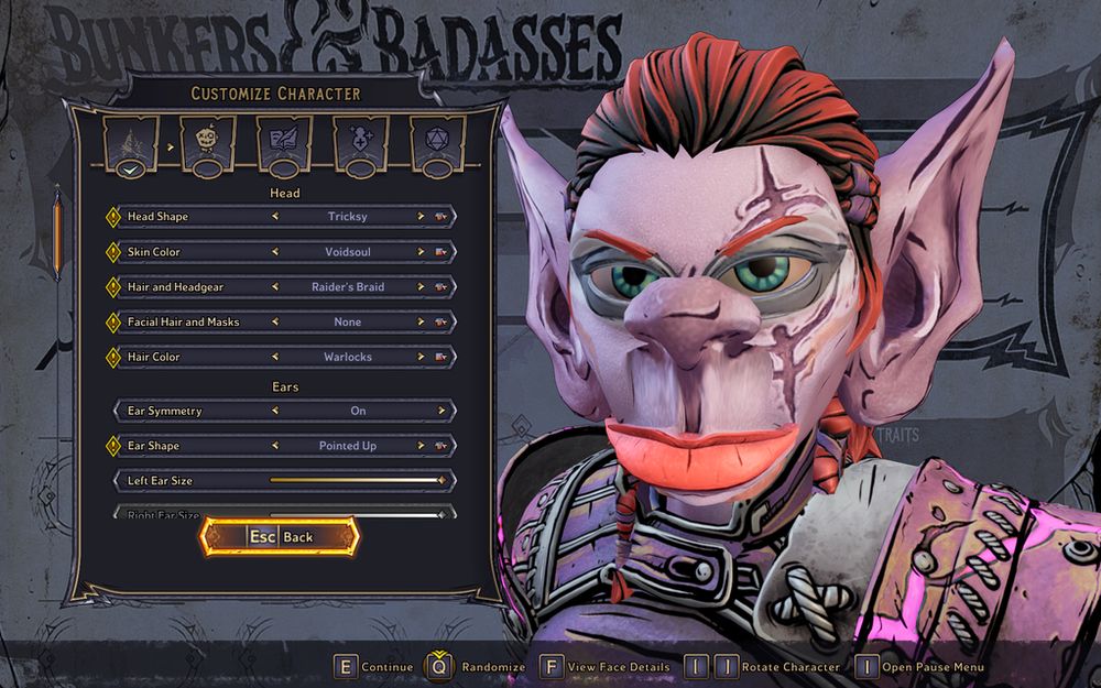 Pantalla de creación de personaje de Tony Tina Wonderlands, en la que se ve a un personaje con orejas, ojos, labios y nariz imposibles