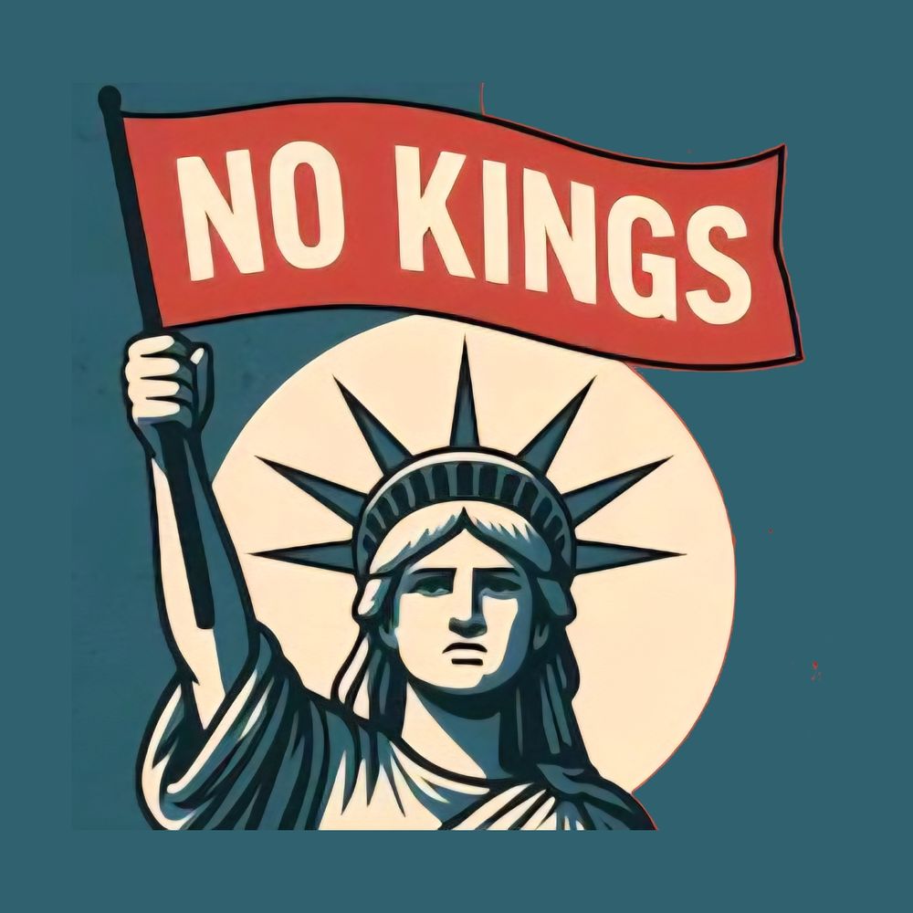 Image of the Statue of Liberty waving a NO KINGS banner. 