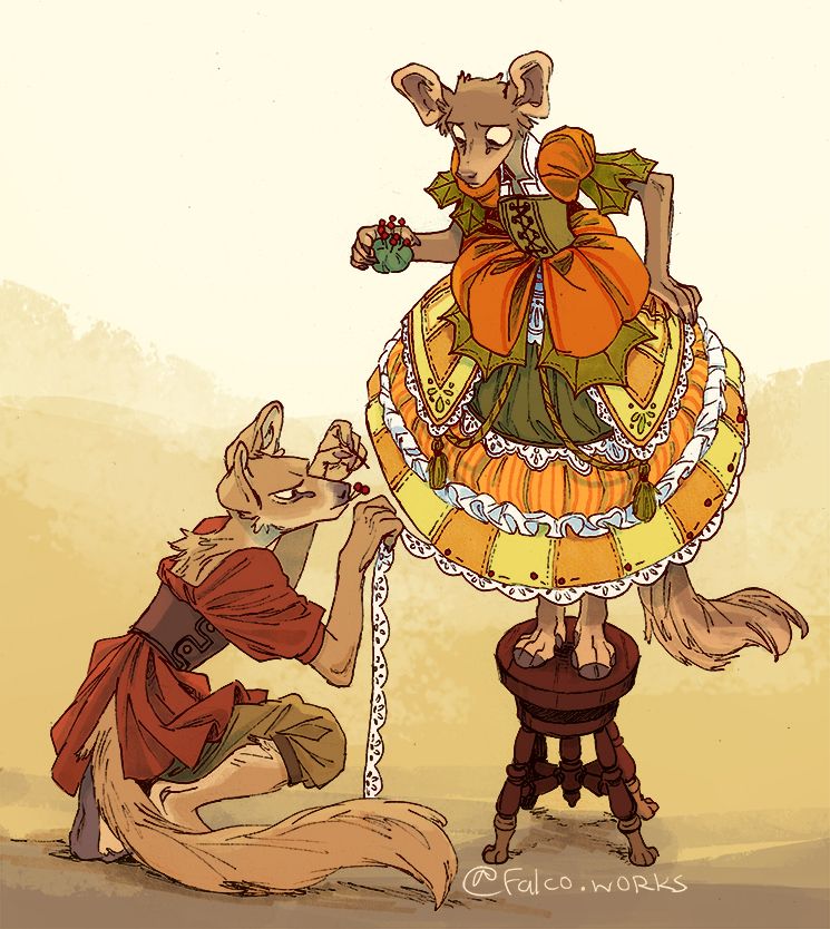 One deerlike anthro girl stands on a piano stool wearing a flouncy multilayered pumpkin-themed dress, while another crouches in front of the stool pinning on lace