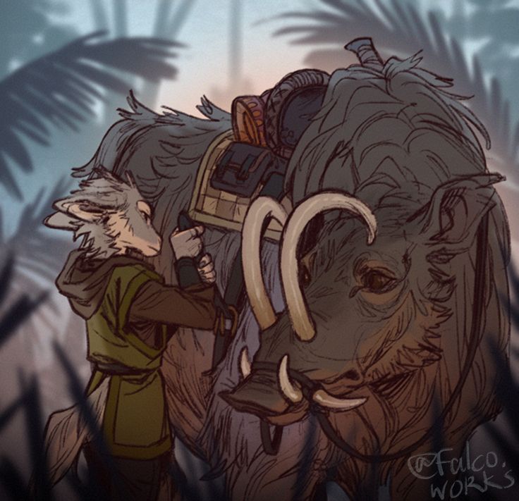 A deerlike anthro person tightens the saddle of a giant hog that stands a head taller than them. The hog has two tusks growing through the top of its muzzle and curling back toward its skull.
