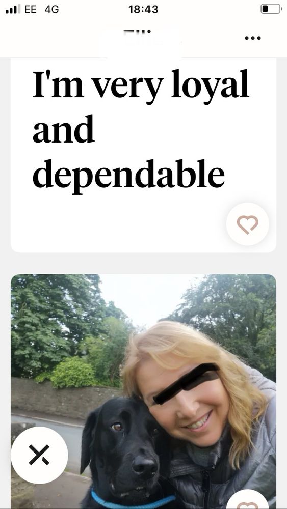 A caption over a photo on a dating site, I am very loyal and dependable. The photo is of a dog and a lady. 