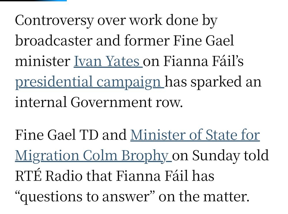 Controversy over work done by broadcaster and former Fine Gael minister Ivan Yates on Fianna Fáil’s presidential campaign has sparked an internal Government row.

Fine Gael TD and Minister of State for Migration Colm Brophy on Sunday told RTÉ Radio that Fianna Fáil has “questions to answer” on the matter.