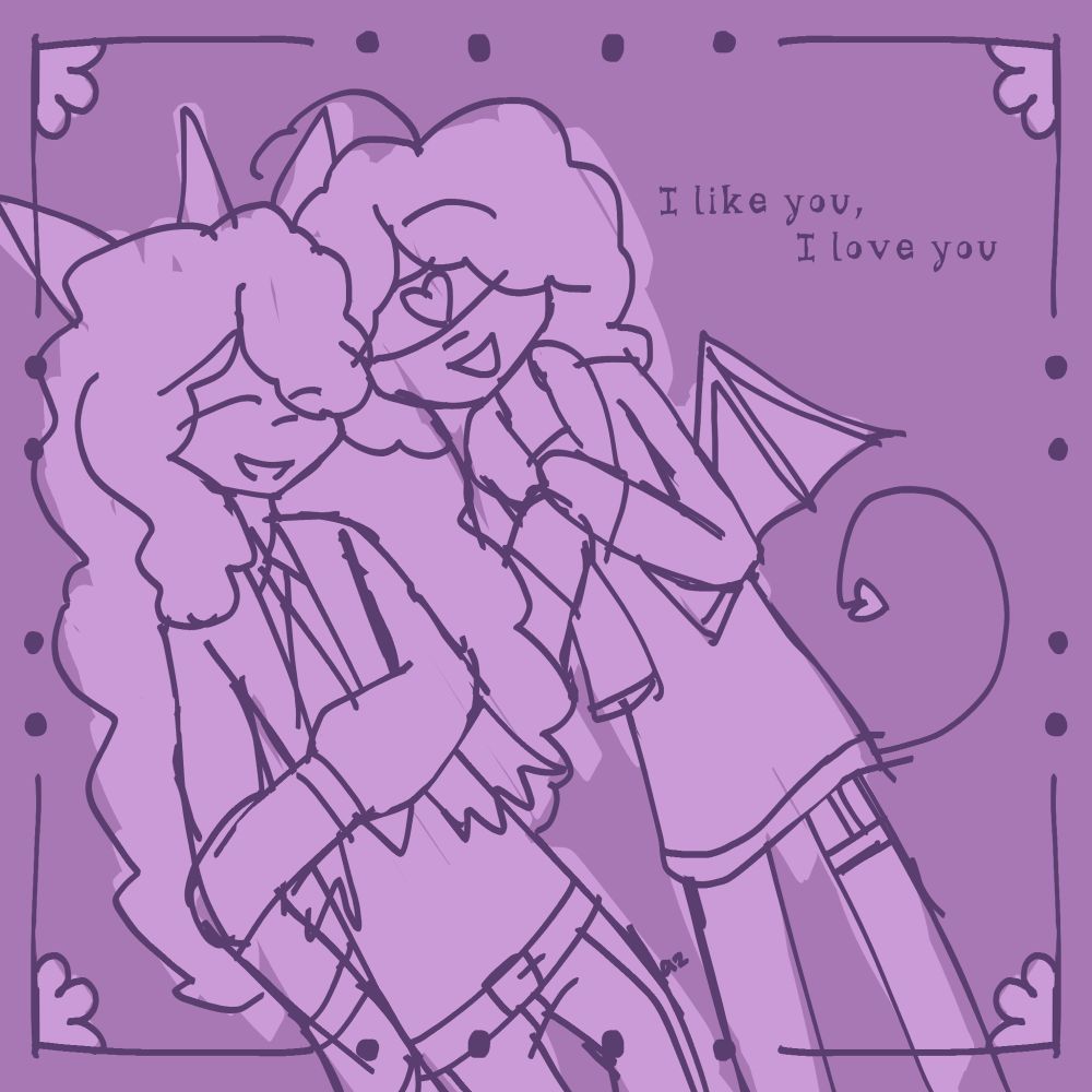 Drawing of Soul and Heart from Chonny's Charming Chaos Compendium. Soul (a man with long fluffy hair, part of it covering his eye, and wearing a ripped suit and pointy crown) and Heart (a man with short fluffy hair with a heart-shaped cowlick, wearing a short hoodie, short dress and stockings, gloves and a blindfold with a heart on it. He also has devil wings and tail) are laying together, laughing. There is a fancy border. Text reads "I like you, I love you".