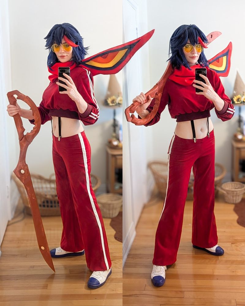 Fitting test of a cosplay for the character Ryuko Matoï from the anime Kill La Kill. Two full body from two different angles. Features a giant scarf and a scissor sword.