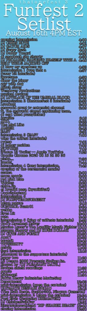 a timetable for the urlfest funfest 2. it is as follows
4:00	opening intermission
4:01	DJ CHRIS RUTH
4:07	DJ GATOR AIDS
4:18	DJ Sugar Rush
4:28	DJ Daddy Yonqui
4:38	dj snapback sbp shawty
4:48	DJ PROJARED HANGING HIMSELF WITH A BELT WHILE JACKING OFF
4:53	dj blow my speakers up
4:57	intermission 1 (was that a funny bit interlude)
4:58	ikaretane
5:05	dippy the hippy
5:15	guy with dog
5:25	glitch sister
5:29	Wendover Productions
5:39	musical deviant
5:49	DJ L0V3L4C3 OF THE UMBRAL BLOOD
5:59	intermission 2 (thatonefest 3 interlude)
6:00	Lyrakatt
6:09	seaworld grunt tv extremist channel ft. the seaworld closed captioning team, dj cert (ified pussylicker)
6:15	jayolite
6:22	JXKL
6:32	The Mad Libs
6:42	AMBER
6:51	EAS7
7:00	intermission 3 (EAS7 wins the urlfest interlude)
7:01	rwtmp
7:09	dj honey maiden
7:19	NOWTHIS
7:29	iPhone 13 Trailer — Apple YouTube Google Chrome 2020 08 16 21 30 36
7:36	pieko...
7:44	lunaht_
7:49	intermission 4 (long intermission, opening of the ceremonial moxie)
8:00	azalea
8:08	moon moods
8:18	red pink blue
8:28	Wrigles
8:36	chloe.lia
8:46	el kyuriki pasa (kyurikifuri)
8:56	Cognitohazard
9:06	intermission 5
9:07	DJ FLUFFYEARSURGERY
9:16	béton nature
9:24	GUNTROL 6untr01
9:33	wekko
9:40	Eyes Lit
9:49	Lil Demon 2008 Presents Stalker.fm. Hosted by 「DJ PLEASANT DAYS.」
9:59	intermission 6 (king of urlfests interlude)
10:00	God's Drunkest Driver
10:10	Maxine Lucey's The Landilly Mauth Fighter
10:20	morgan shawty
10:30	DJ CUTE AND FUNKY
10:39	Aps17
10:49	tarutrit
10:59	TRVSHBXVT
11:09	gelvin
11:15	final intermission (shoutout to the supporters interlude)
11:20	harpy two
11:30	yata
11:39	Broken shield rcordings
11:44	gracie
11:54	hikiangel
12:03	Fakku Heavy Industries Marketing Department
12:13	mini-intermission (open the curtains)
12:13	ULTIMATE DESPAIR SQUAD (The Hulk Beats, Scabby300, Niagara Cameron)
12:24	mini-intermission 2 (close the curtains)
12:24	Post Elvis
12:31	DJ ChickenSuitGuy
12:40	ithurtstoloseafriend
12:50	closing intermission