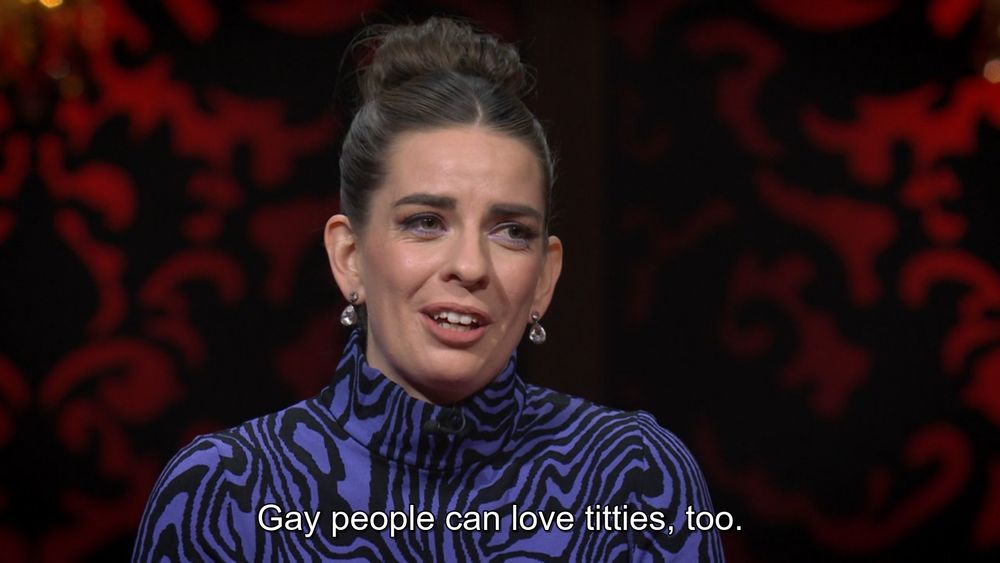 TM AU S4E8, Emma Holland saying, "Gay people can love titties, too."