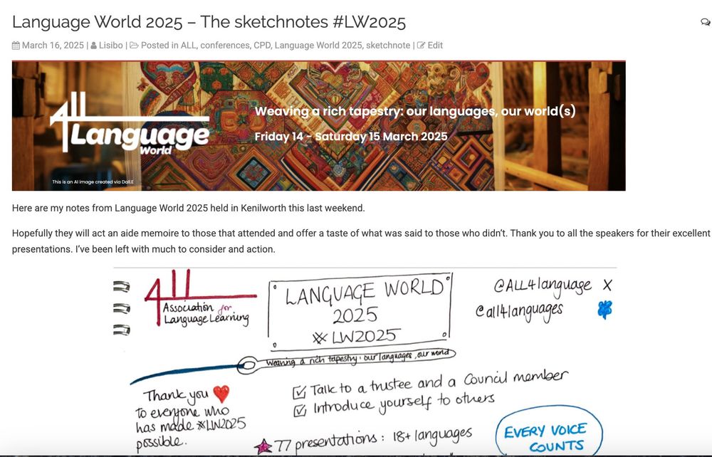 Screenshot of the opening part of the post containing sketchnotes from the Language World conference