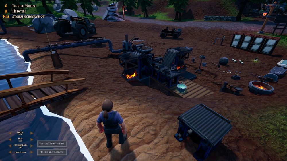 Screenshot of Hydroneer showing a small automatic mining and processing installation powered by water pumped from the nearby stream.