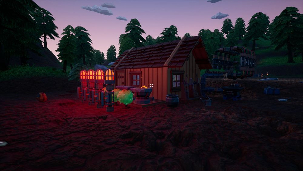 Screenshot of Hydroneer. A small wooden house sits on an open plot of dirt. In front of it are four red-orange lights indicating the status of the underground production line, a few shrubs, and a blacksmith's forge. Behind it is a system of pipeworks leading down into a hole at the northwest corner of the house. The pipeworks are surrounded by an assembly which monitors the status of a row of water filters and automatically repairs them when they wear out.