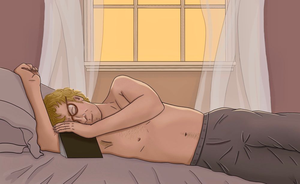 Digital drawing of Stede taking an afternoon nap. He’s wearing dark purple trousers and no top. He’s lying on his side with his glasses askew, an open book propped against his arm