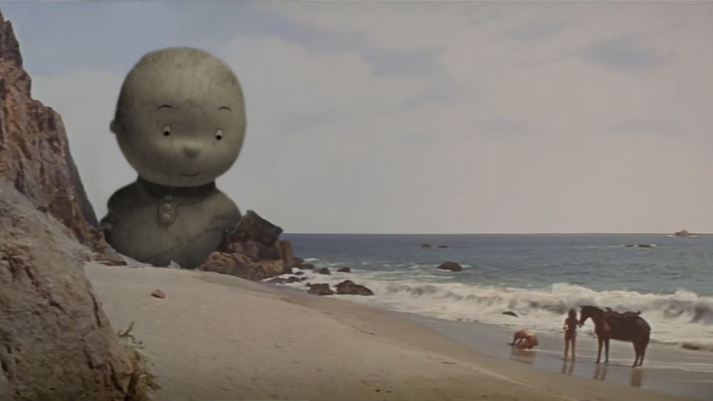 Planet of the Apes (1968). We are on a beach with the ocean to the right and rocky cliffs to the left. Charlton Heston is on his knees in torment, his horse behind him. A giant Caillou statue lies ahead in ruins. The director, Franklin J. Schaffner, created the giant Caillou onset to provoke Heston's horrifying reaction. The famous last line, "You maniacs! You blew it up! Ah, damn you! God damn you all to hell!" wasn't scripted, but was Heston's reaction to the giant Caillou. A matte painting of the Statue of Liberty was later added to make the twist more logical to the audience.
