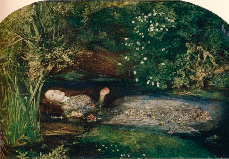 The painting Ophelia by Millais. Wikipedia describes it as follows:
Ophelia is an 1851–52 painting by British artist Sir John Everett Millais in the collection of Tate Britain, London. It depicts Ophelia, a character from William Shakespeare's play Hamlet, singing before she drowns in a river.

The painting is known for its depiction of the detailed flora of the river and the riverbank, stressing the patterns of growth and decay in a natural ecosystem. Despite its nominal Danish setting, the landscape has come to be seen as quintessentially English. Ophelia was painted along the banks of the Hogsmill River in Surrey, near Tolworth. Barbara Webb, a resident of nearby Old Malden, devoted much time to finding the exact placement of the picture, and according to her research, the scene is located at Six Acre Meadow, alongside Church Road, Old Malden.[3] Millais Road is now nearby. Millais's close colleague William Holman Hunt was at the time working on his The Hireling Shepherd nearby.[4]