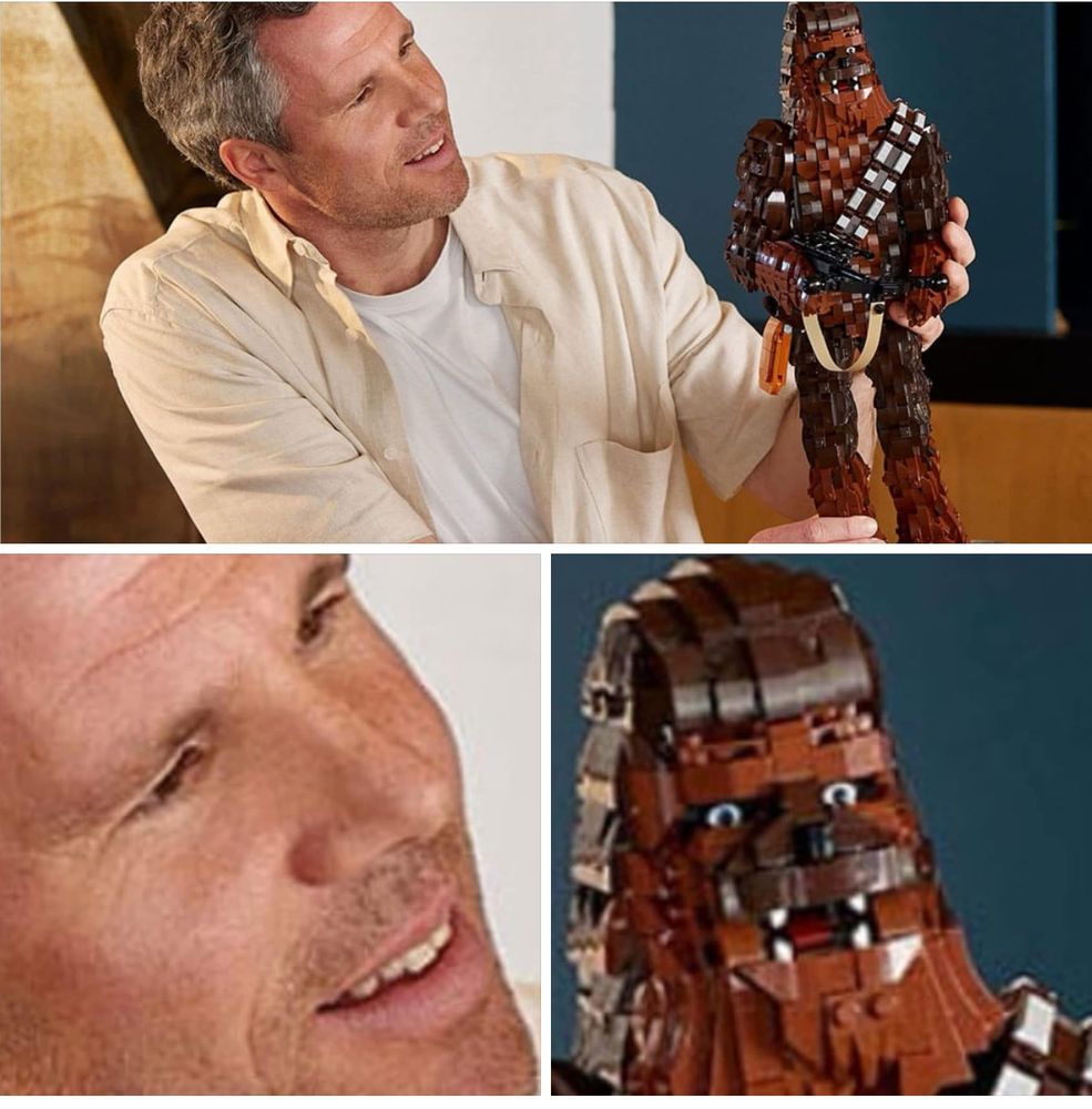 A trio of photos. The top photo is a grown man admiring his completed Lego Chewbacca. The second photo is a close up of the man, his face expressing wonder. The third photo is a close up of the Lego Chewbacca. His has looks horrified.