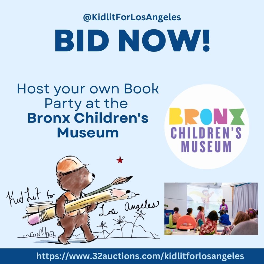 Cartoon bear wearing a construction hat and vest walking with pen, pencil, and paintbrush across a background sketch of the LA skyline with palm trees. Handwritten text surrounding the image says: "Kid Lit for Los Angeles" Typed text is the same info in post. There is a photo of the item contributor.