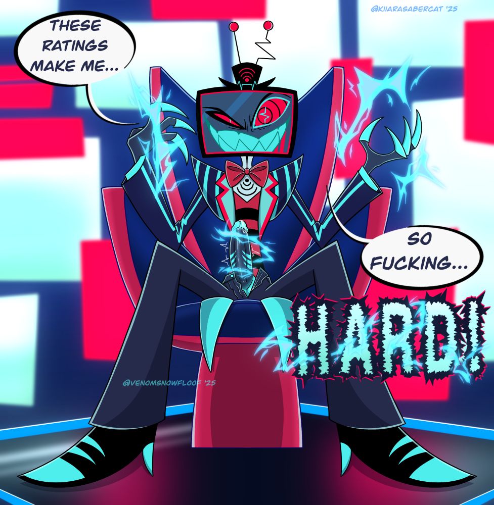 A digital drawing of Vox from Hazbin Hotel. He has a crazy smile on his face while sitting in a chair, legs spread, penis erect, and the text bubbles say "These ratings make me so fucking hard!"