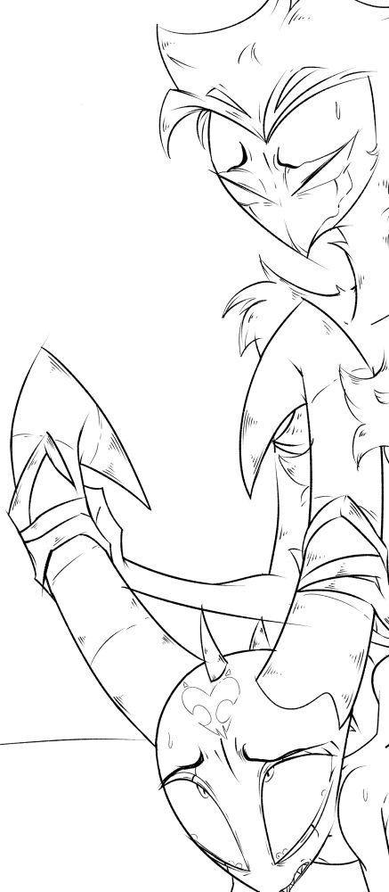 Cropped lineart of Stolas holding Blitz’s horns and railing him from behind. Stolas is flustered and Blitz’s eyes are rolled back, too in the moment to be self-conscious about what his body is doing :3