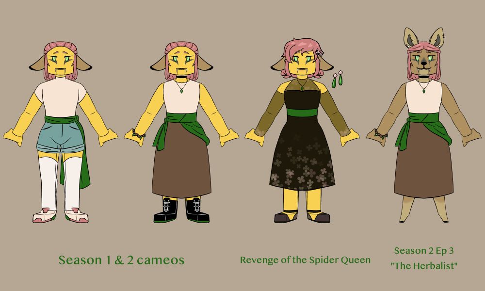 Four consecutive images of Sylph in various outfits. They have pink hair, light green eyes, and a forest green sash in each one. In three, they have long fangs, dropping deer ears, and grey facial markings that reveal their non-human nature. The rightmost image shows their true self, which is an anthropomorphic water deer.