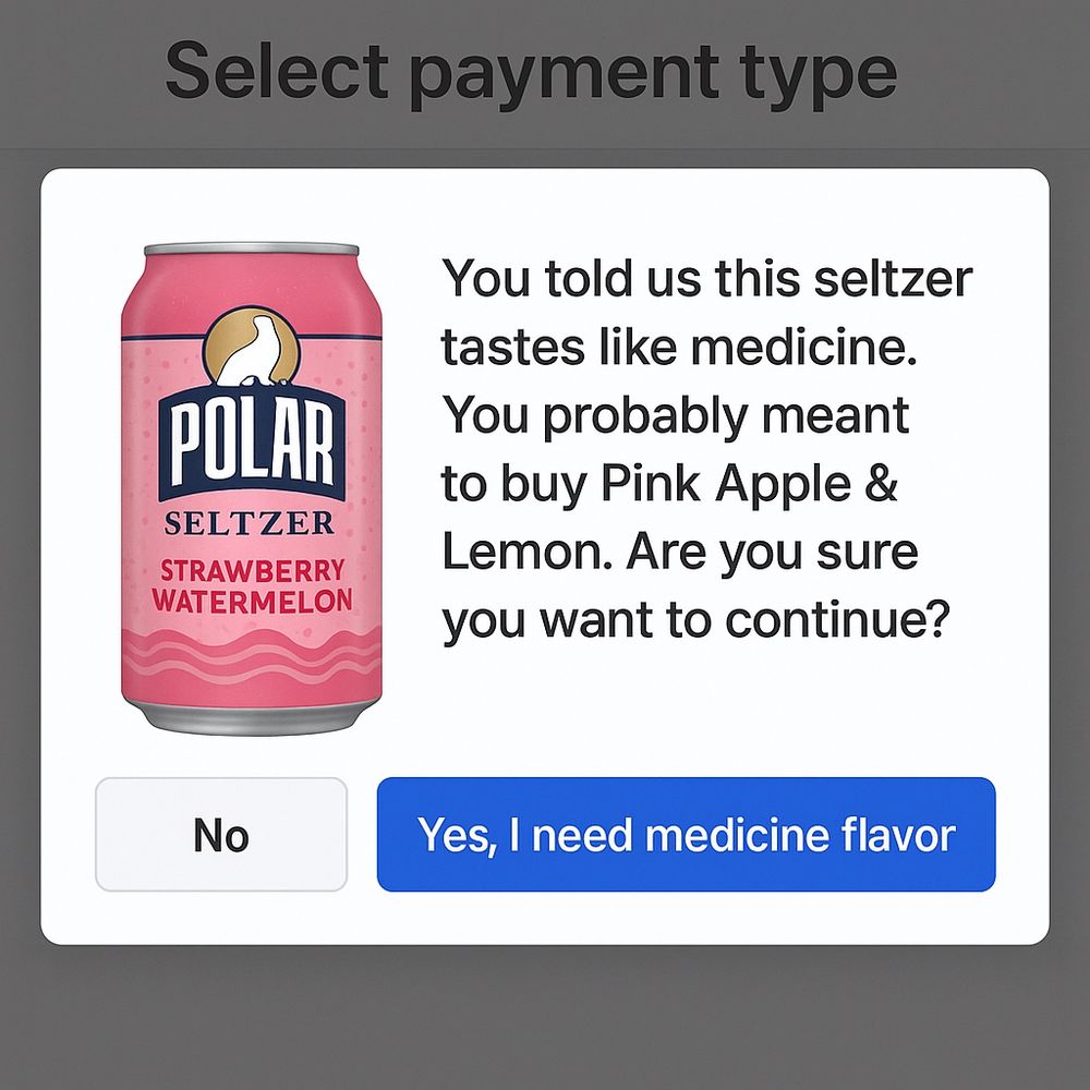 A mockup of a very helpful point of sale screen that warns that you are about to buy that seltzer you don't like.