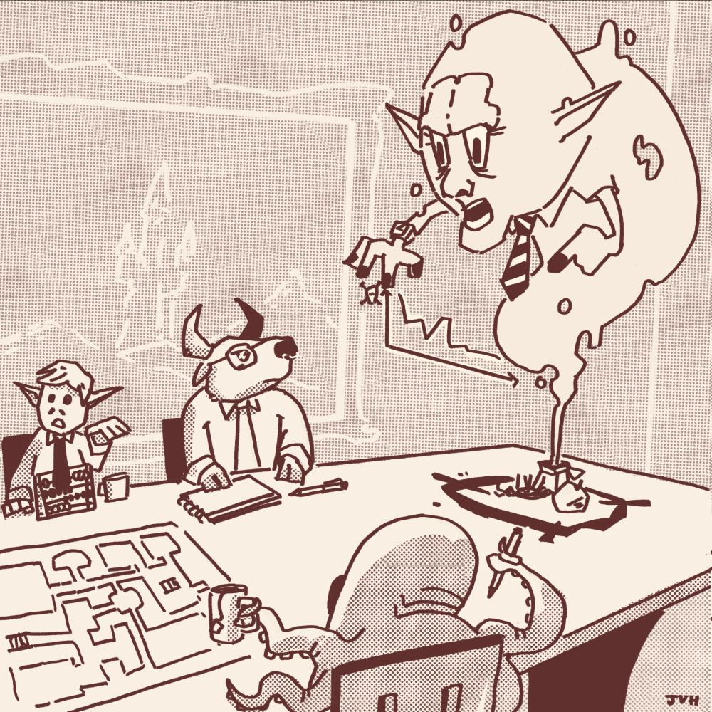 Une table de réunion. On peut y avoir un plan, une sorte de cercle d'invocation d'où sort un démon en chemisette et cravate à rayure qui monte un graphique indiquant une baisse des morts.
Autour de la table un gobelin en cravate avec un boulier et une tasse, un minotaure concerné avec un carnet et un stylo, et de dos un sorte de choses à tentacules qui tien tun thé et un crayon.