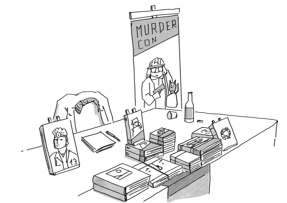 Dessin en noir et gris d'une table d'auteur dans un festival de polars.