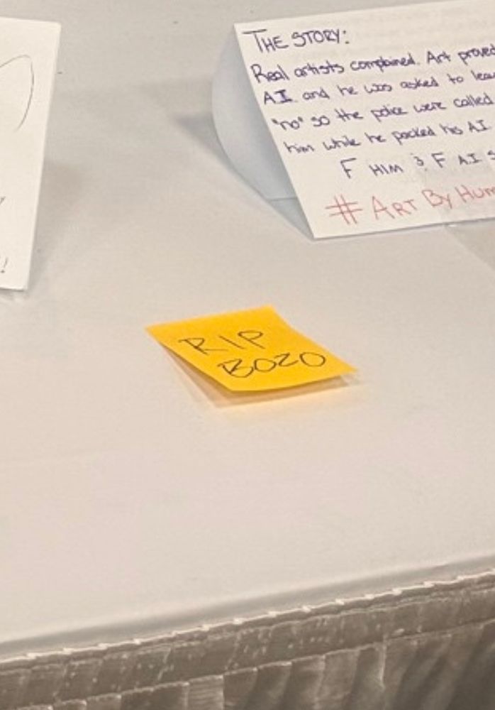 Post it note that says RIP BOZO