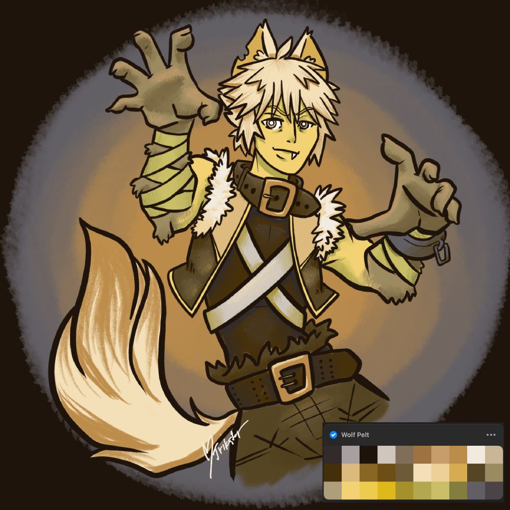 A color image of Riku from Kingdom Hearts in a werewolf costume designed by Nikutsune. He's wearing a giant dog collar and a vest with fuzzy sleeves. He has wolf ears and a tail. Riku has a cocky expression and his arms are lifted, hands in a claw-like position. In the bottom right corner is a color palette.
