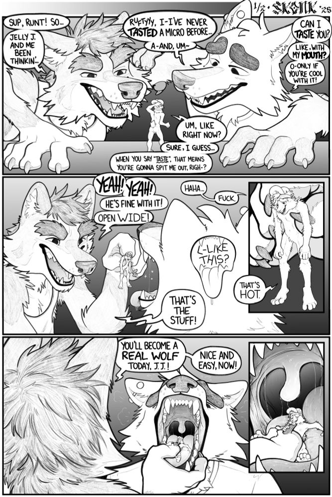 page 1 of vore comic - Polo and Jelly John are two big wolves surrounding a tiny Rufty Rabbit~ John has never tasted a micro before, and Polo has finally convinced him to give it a go! Polo picks up micro Rufty and presses him down excitedly into John's tongue with a big finger smoosh~
