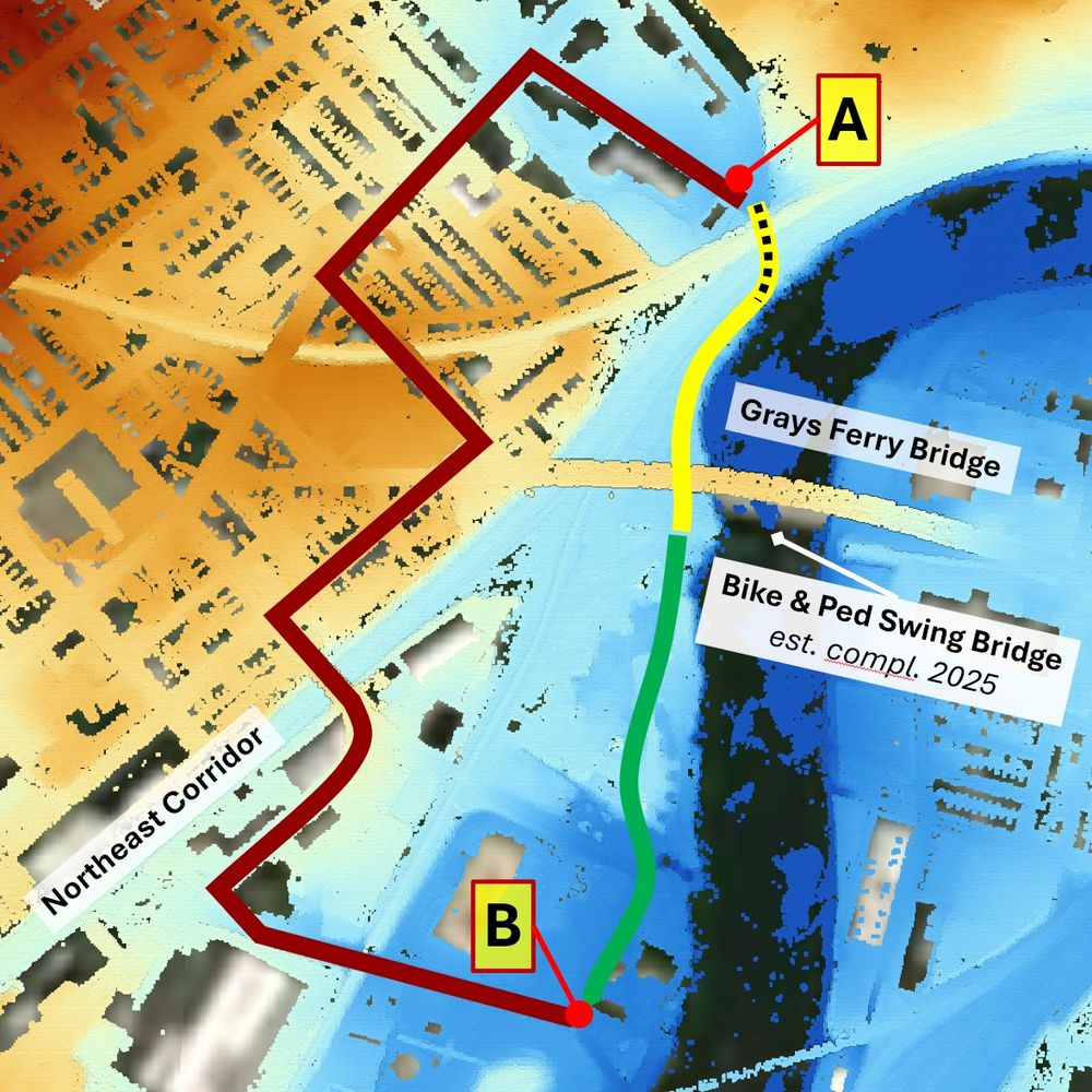 Colored topographic map showing elevation differences between trail and on-street routes