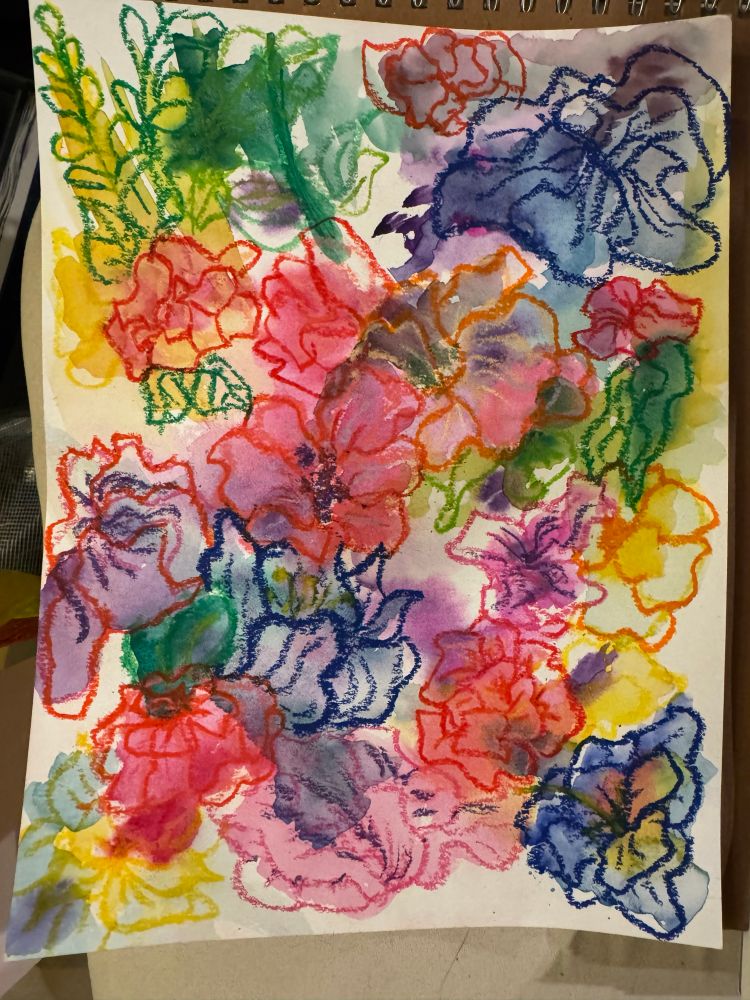 Bright colors overwhelm the page—purples, pinks, royal blues, and yellows. Textured oil pastel flowers are found and layered on top of a multicolored watercolor wash. 