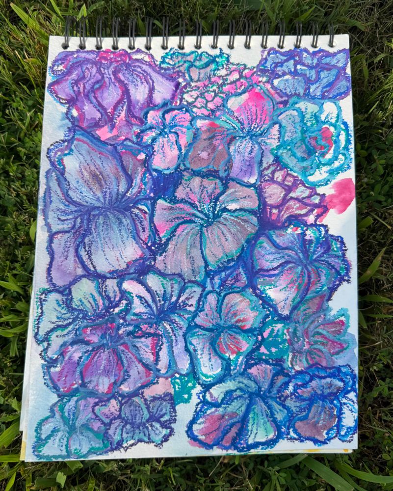 Colorful, whimsy florals cover the page & look as if they are all fighting f to take up the page. The page is full of colors: the petals and background are washes of orchid purples, vivid pinks, ocean blues and teals while the outlines are solid oil pastel outlines that retain the integrity of color. Most of the flowers are outlined in multiple colors, making the colors stand out against the background. 