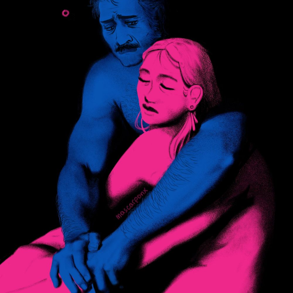 harry and dora from disco elysium drawn as the album cover of "Who really cares" by TV girl