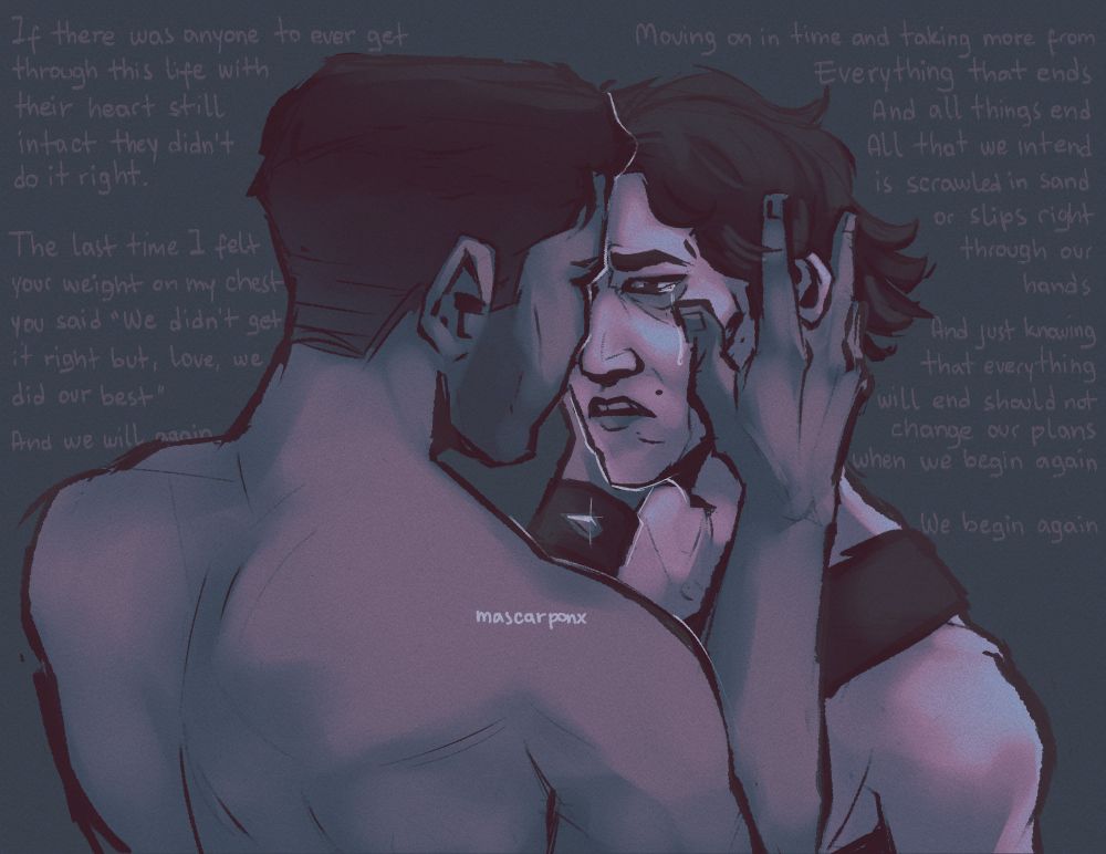 a digital drawing of jayce holding viktor's face with both hands while viktor cries, they are touching foreheads and don't have shirts on
