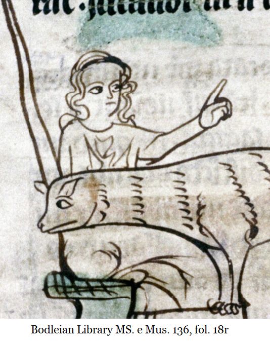 medieval illustration of a woman with a unicorn; the woman holds out a finger