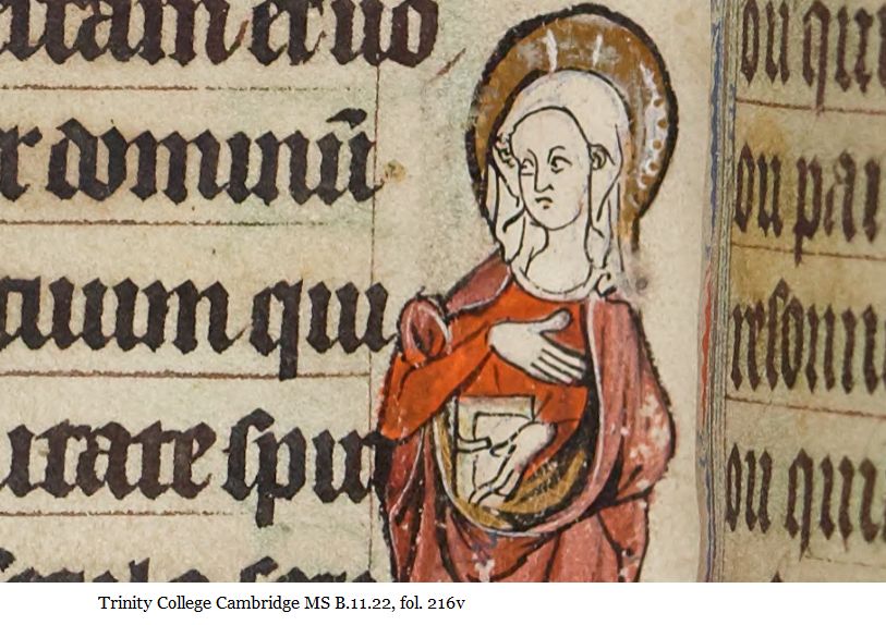 medieval marginal illustration of a woman looking askance at the written text