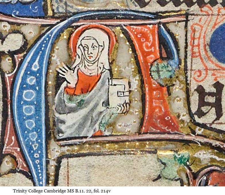 women in an illuminated initial holding a book and looking dismissive