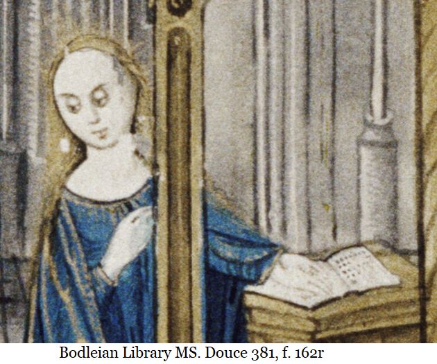medieval marginal illustration of Mary with a book